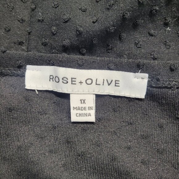 Rose + Olive 1X Classic Black Round Neck Dotted Back Button Down T-Shirt Blouse - Picture 7 of 9
